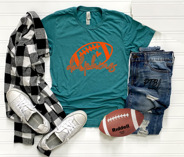 GRAPHIC TEE - Dolphins Tee | Unisex Shirt | Short Sleeve | Graphic Tee | Unisex Tees | Football Mom | Orange and Teal | Cheer | Cheer Mom