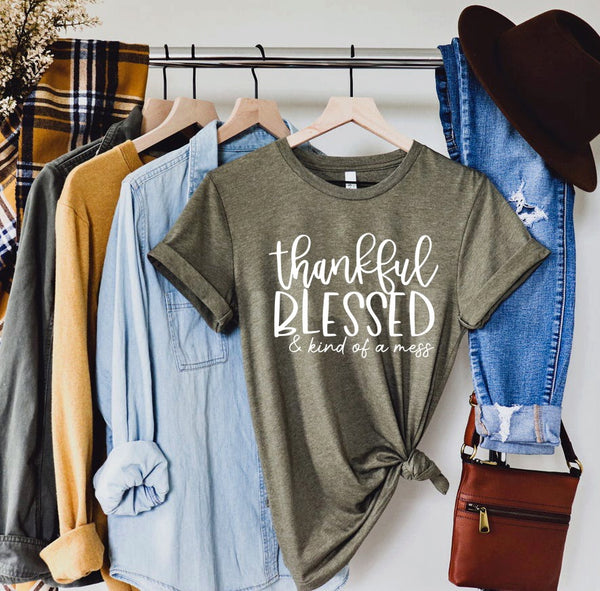 GRAPHIC TEE - Thankful, Blessed & Kind of a Mess | momlife | Thanksgiving | Fall | Spiritual/Religious | Short Sleeve |  Unisex Tees