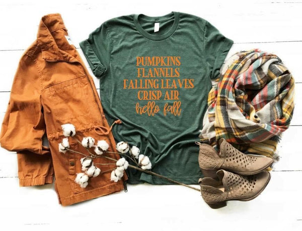 Hello Fall; Pumpkins, Flannels, Falling leaves, Crisp Air Graphic Tee