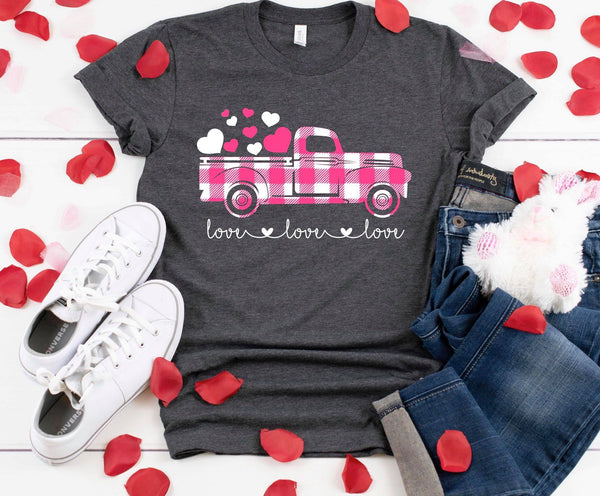 Valentine (Love, Love, Love) Plaid Hearts Truck Graphic Tee